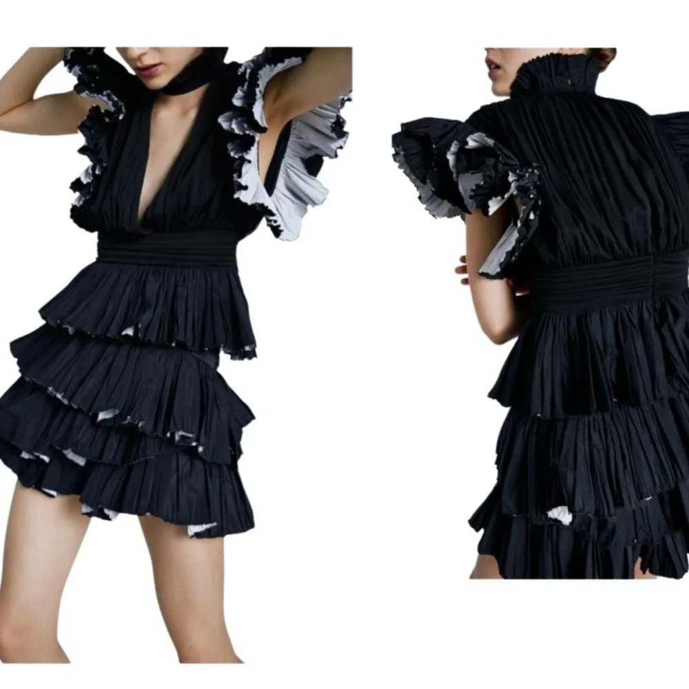 Zara Studio Black Taffeta Voluminous Ruffled Frilly Sleeve Blouse - Picture 2 of 13